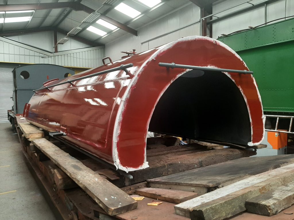 A second coat of Indian Red paint has been applied to Cumbria's saddletank